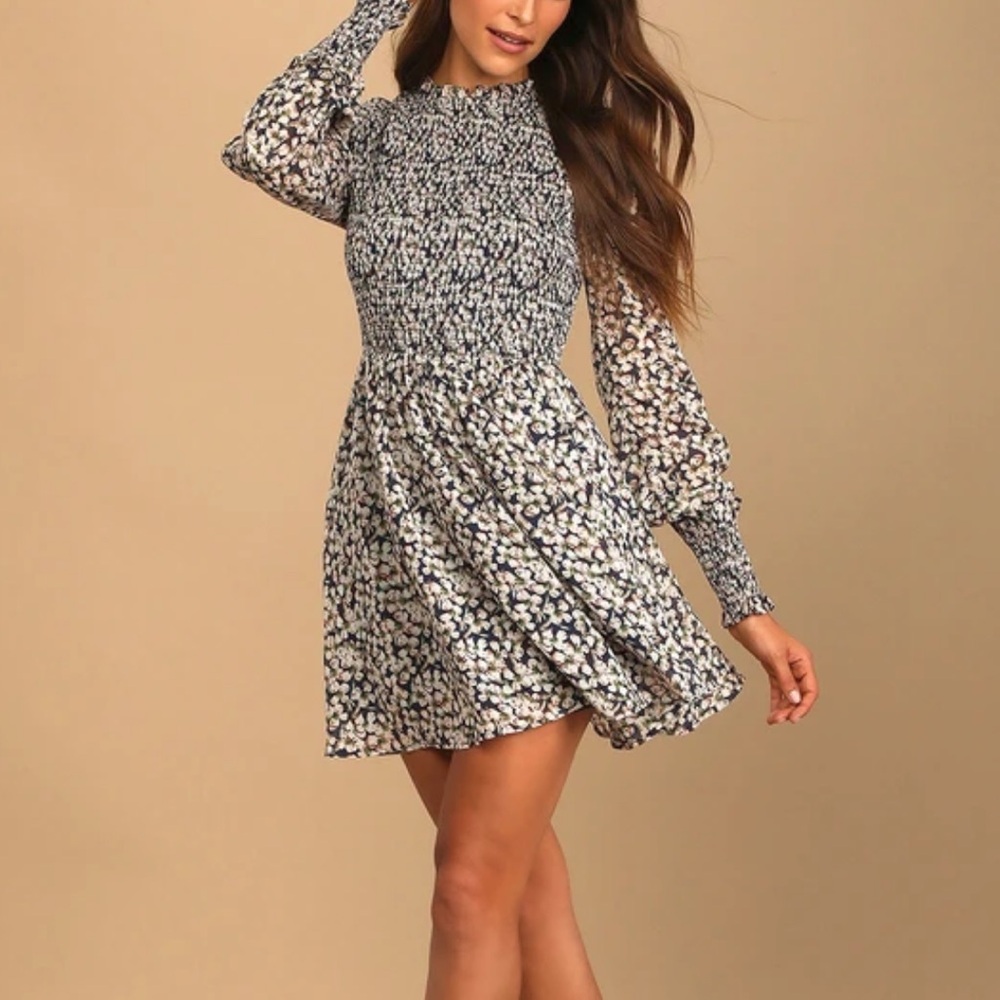 Lulus Floral Forever Navy Blue Floral Print Smocked Skater Dress, size S, NWT